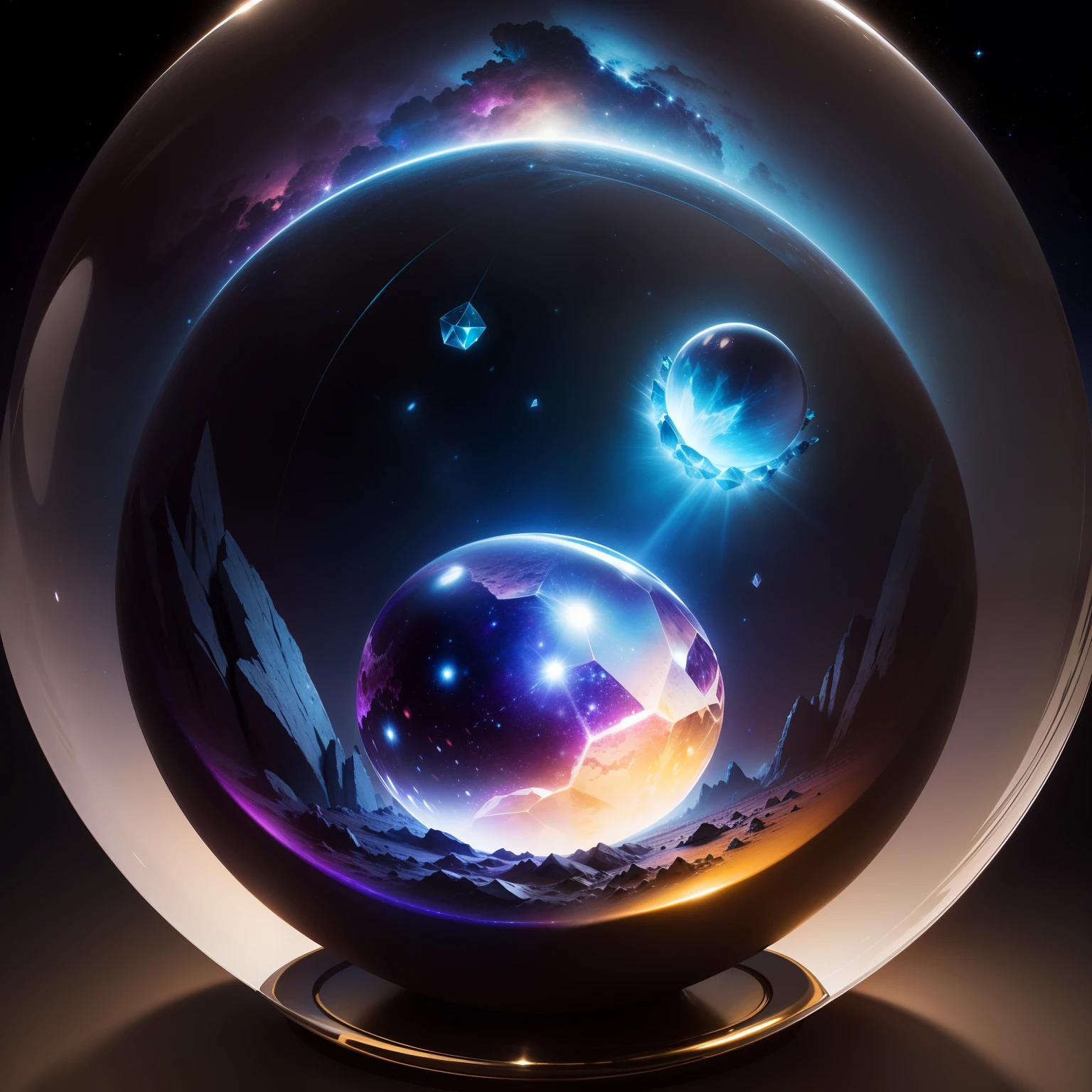 Against the backdrop of a deep starry sky,We drew a mysterious crystal ball。Inside the sphere,The Aries motif is depicted in detail