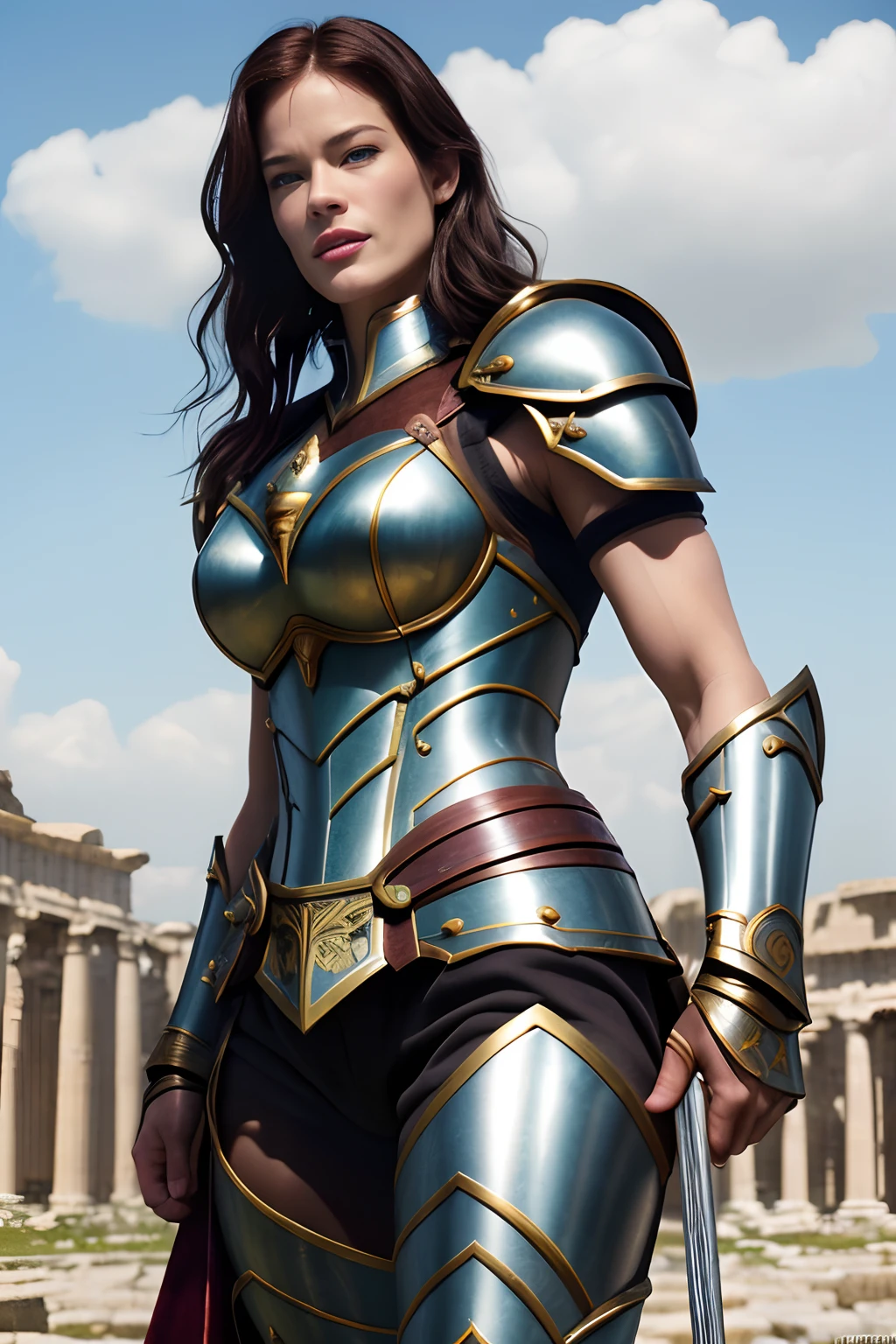 (Highest Quality:1.4), (Best ever), (Ultra High Quality), (Ultra Realistic 8K CG), Official Art, Seductive pose, Female Gladiator, Beautiful female warrior, (Alyssa Sutherland : Janeane Garofalo), Stunningly beautiful pretty face, Detailed armor and gauntlets, (Dark hair short hair:1.2), messy hair, Muscular_body: 1.4, (engraved metalwork breastplate), firm chest, white skin, (toned abs), toned thighs, ancient Roman city background, sunlight creates beautiful shadow gradient and adds depth to the image, (light colors, Dim colors, Light tones: 1.3), Low saturation, (Hyperdetail: 1.2), Perfect anatomy, Glowing eyes, Facing camera, Smiling: 1.3, (((Camera Eye View )))).