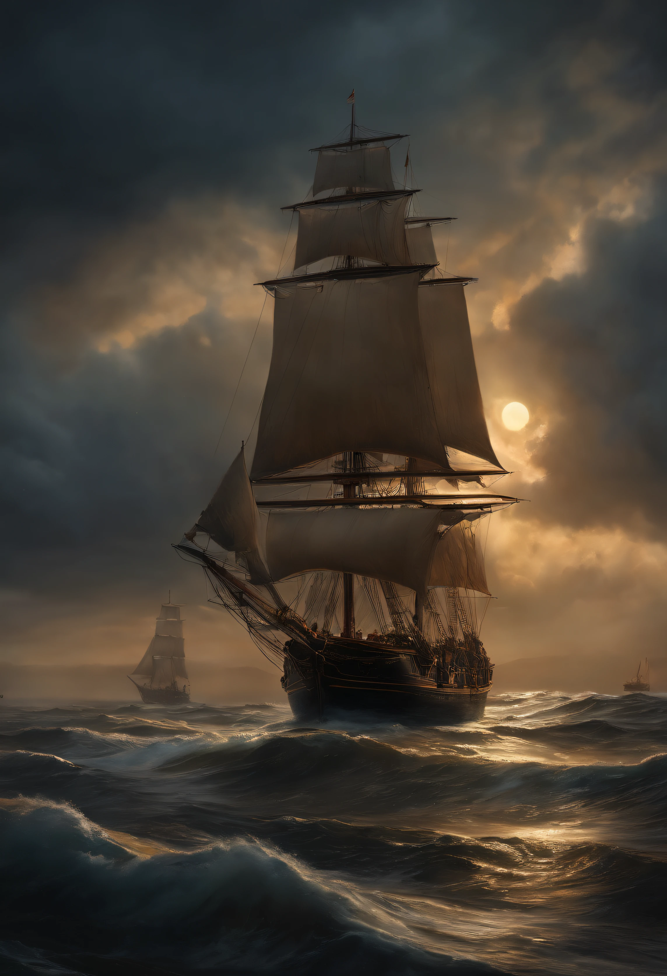 Real picture((Oil paints ))Landscape painting,acrycle painting,Brush strokes,With unparalleled realism,ultrawide,ominous skies,Sail ships,Wooden boats,Lotus,Huge waves,Starry night,Harry Potter,voluminetric lighting,Clearing,Realistic,james gurney,art stations,((Paint with oil painting))