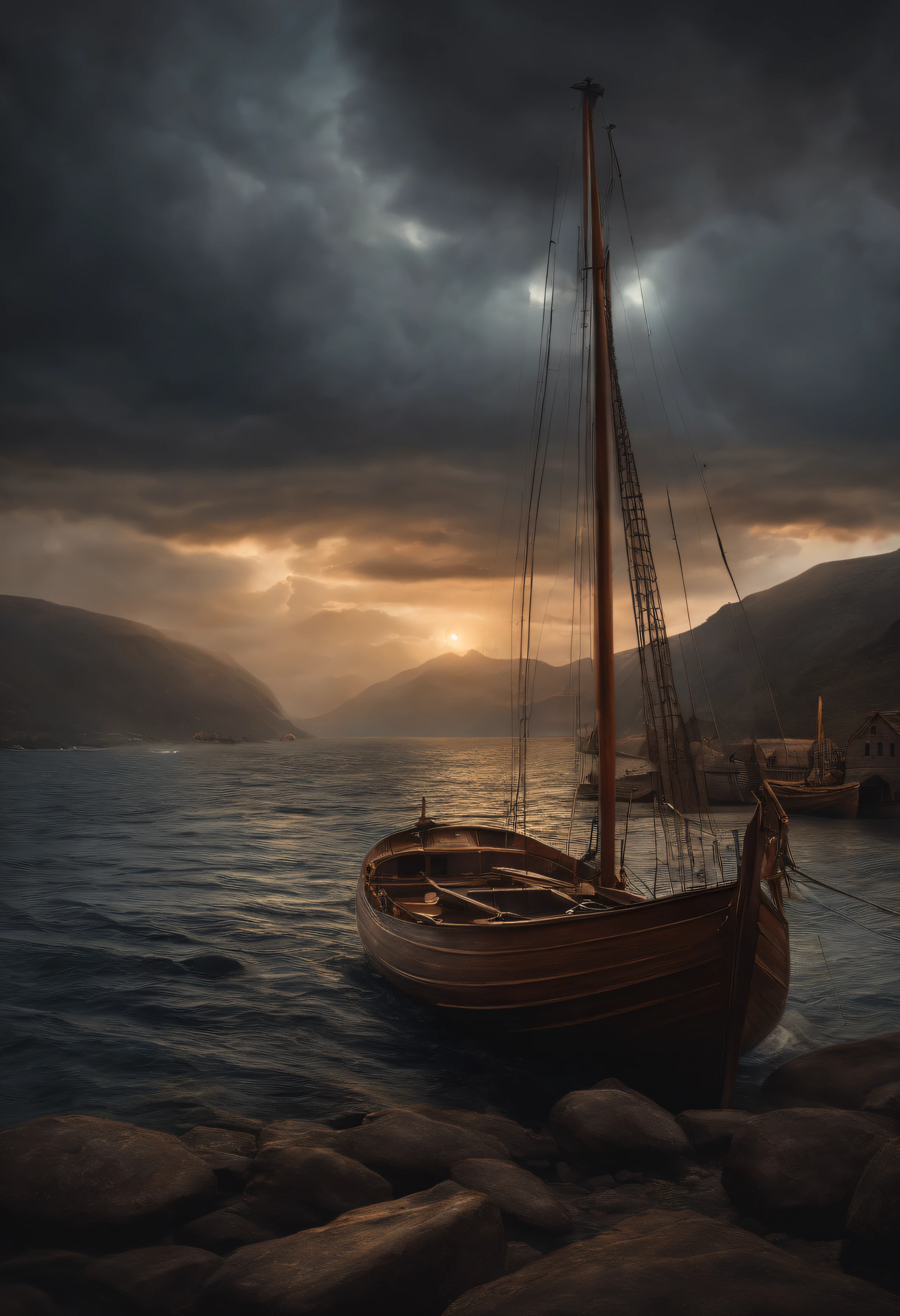 Real picture((Oil paints ))Landscape painting,acrycle painting,Brush strokes,With unparalleled realism,ultrawide,ominous skies,Sail ships,Wooden boats,Lotus,Huge waves,Starry night,Harry Potter,voluminetric lighting,Clearing,Realistic,james gurney,art stations,((Paint with oil painting))