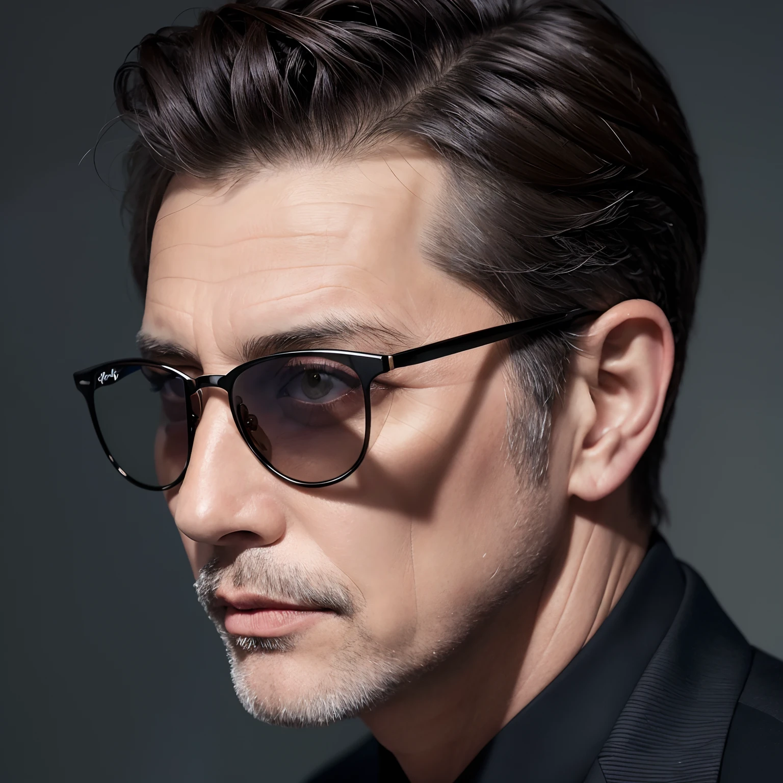 hight resolution、Highest Quality、A detailed face、Ray-Ban Sunglasses、50 years old、male people、Suits、profile、short hair mixed with gray hair,、break Dark background、