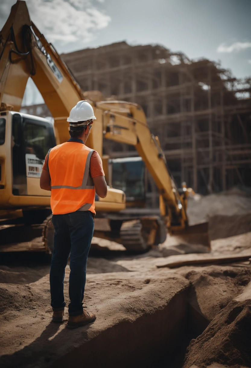 Portrait of a construction worker，outside，lightand shade contrast，Detailed facial details，sweat profusely，Large construction machinery，Ultra-detailed details，In the background is an unfinished construction site，Huge unfinished building1:2,8K