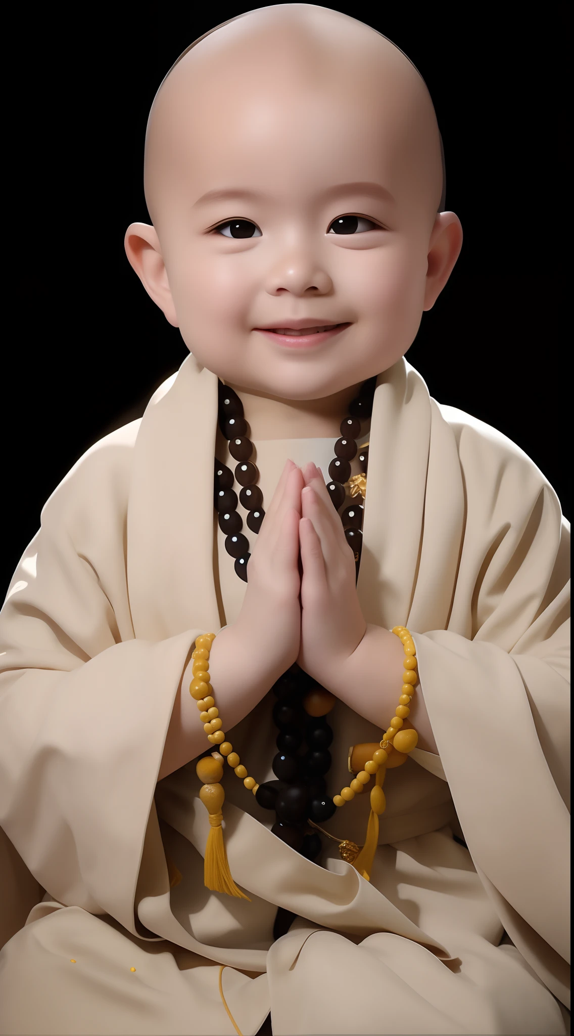 arafed baby in a white robe sitting on a wooden floor, thick eyebrow,The nose is high,Buddhist, wearing nun outfit, jaeyeon nam, dressed in simple robes, monk clothes, Serene expression, lovely digital painting, wearing white robes with, prayer meditation, wearing white robes with, ancient japanese monk, Taoist, white daoist robes, portrait shooting, wearing long white togas