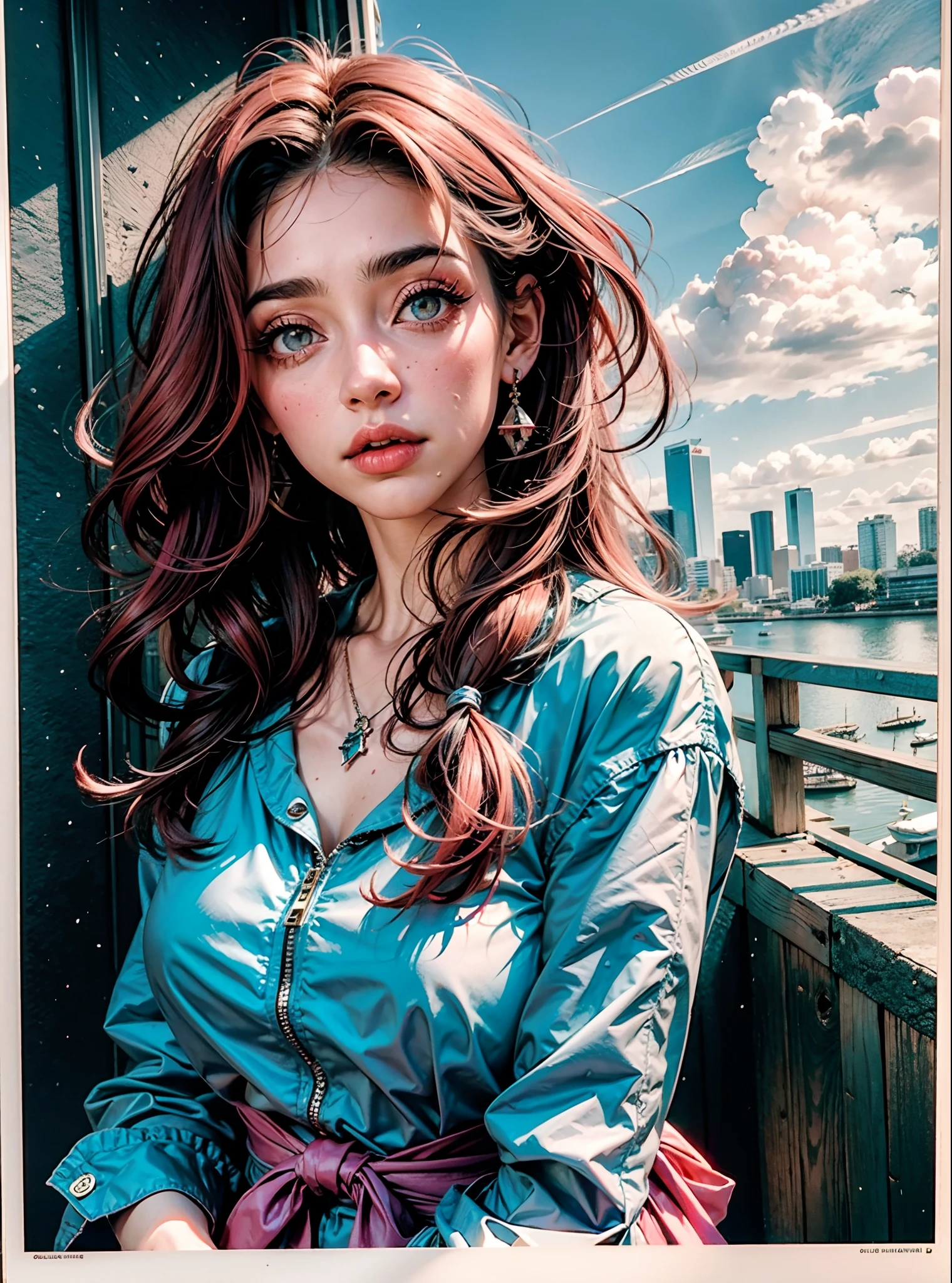 Adult woman, com (olhos vermelhos:1.7) usando regata com uma coroa de flores, looking at the sky, cidade, rodeado por margaridas e papoilas, Skyline, colours of the sunset, Aquarela, tinta, Summer clouds, large pink lips, bochechas rosadas, Videiras, arte de tim burton e MSchiffer, Papel de parede UHD