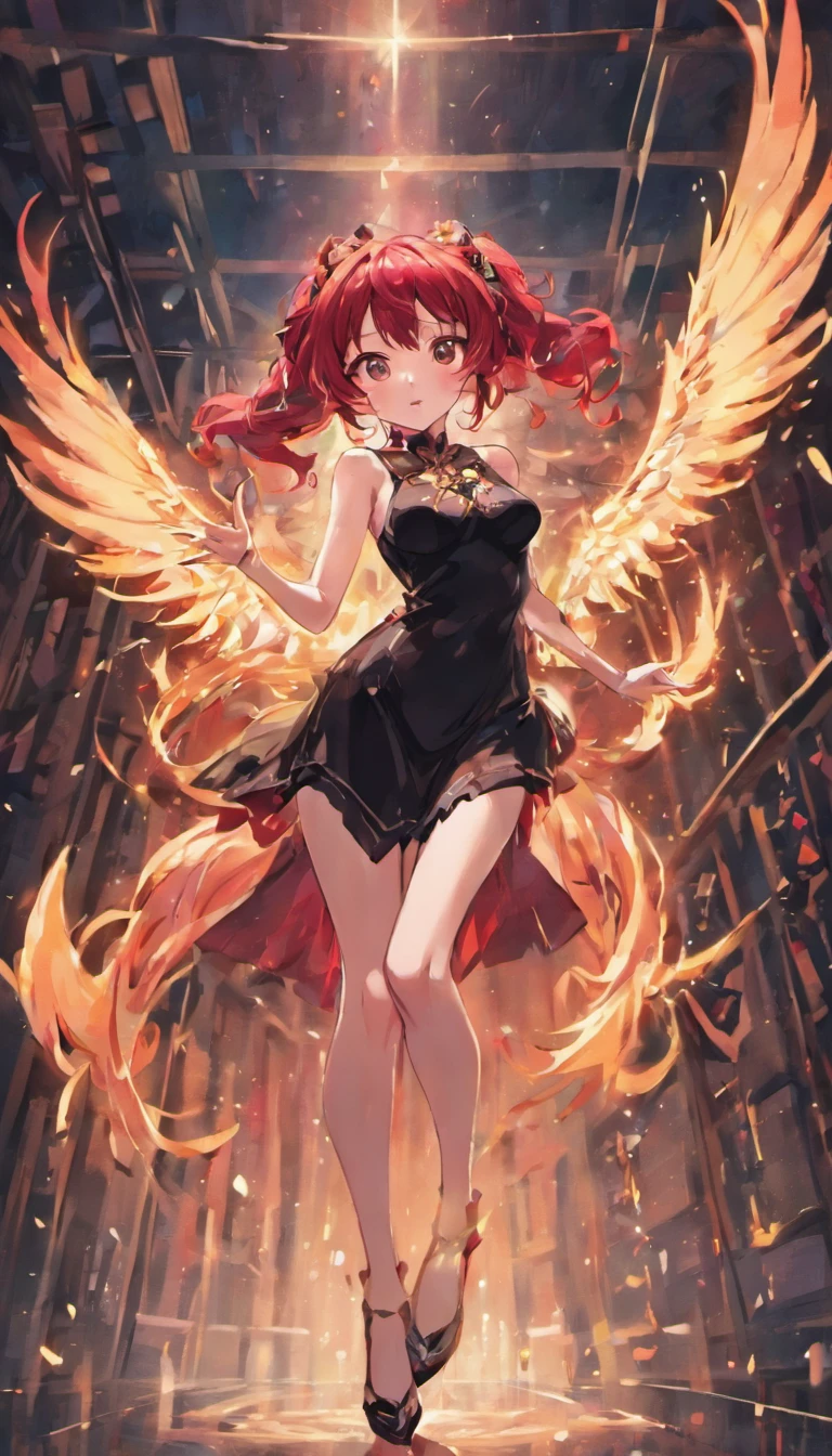 ((tmasterpiece，4k wallpaper，best qualtiy)), one anime girl, black dress, red hair, long hair, busty body, smooth thighs, full body view, seducing expression