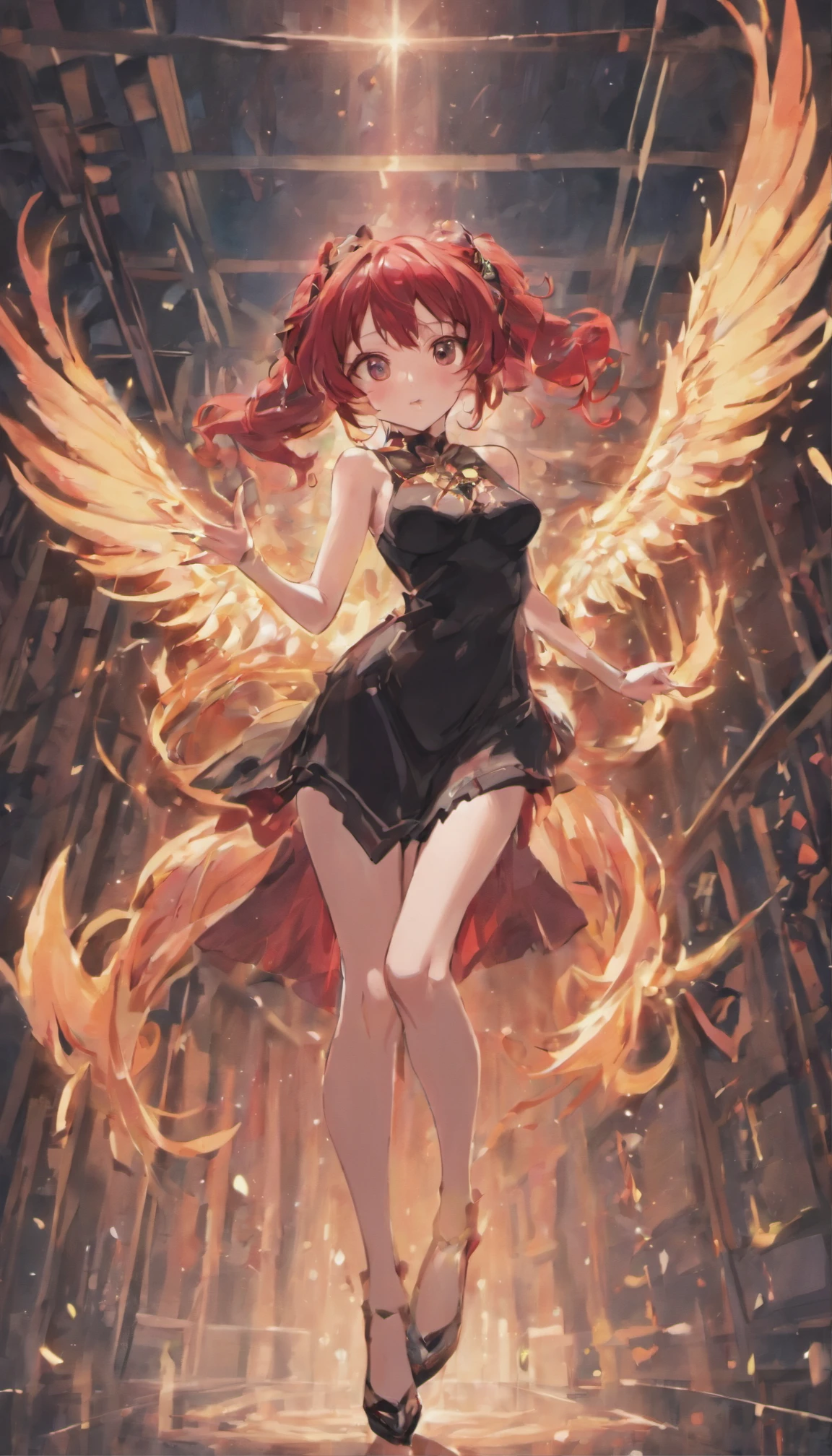 ((tmasterpiece,4k wallpaper,best qualtiy)), one anime girl, black dress, red hair, long hair, busty body, smooth thighs, full body view, seducing expression