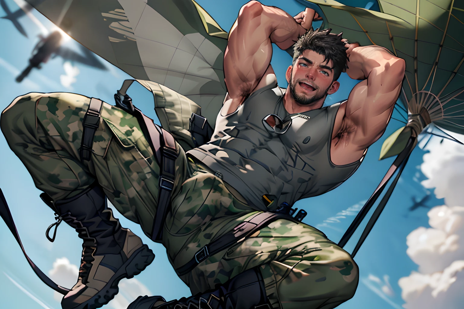 ((1boy)), male only, camouflage tank top, camouflage pants, showing his boots, vpl, bulge, stubble, muscular, best quality, depth of field, in the sky, parachuting in the sky, parachute, look at the viewer, sunshine, natural lights, detailed, masterpiece, detailed background, (full body reference), blush, open mouth, embarrassed face, bent knees, hands up, spread legs