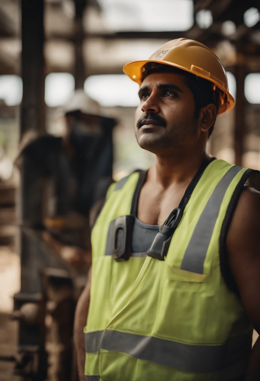 Portrait of a construction worker，indian style，outside，lightand shade contrast，Detailed facial details，Sweat profusely，Large construction machinery，Ultra-detailed details，In the background is an unfinished construction site，Huge unfinished building1:2,8K