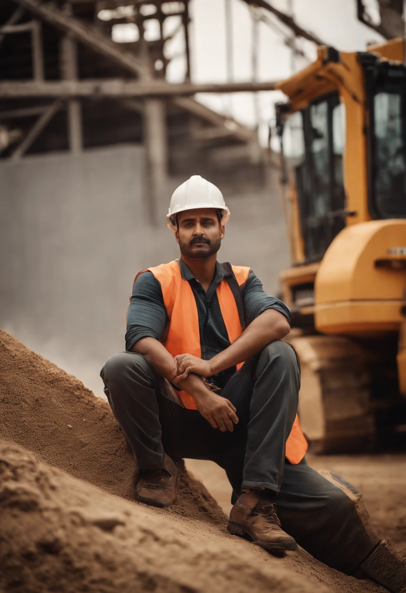 Portrait of a construction worker,indian style,outside,lightand shade contrast,Detailed facial details,Sweat profusely,Large construction machinery,Ultra-detailed details,In the background is an unfinished construction site,Huge unfinished building1:2,8K