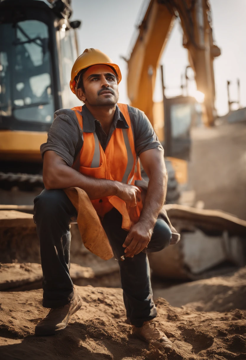 Portrait of a construction worker，indian style，outside，lightand shade contrast，Detailed facial details，Sweat profusely，Large construction machinery，Ultra-detailed details，In the background is an unfinished construction site，Huge unfinished building1:2,8K