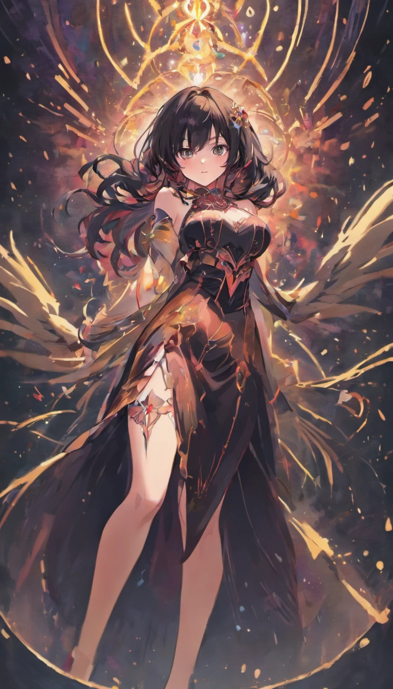 ((tmasterpiece,4k wallpaper,best qualtiy)), One Anime girls, Black Dress, Black hair, Long hair, Busty body, Smooth thighs, full-body view, Seduction expression