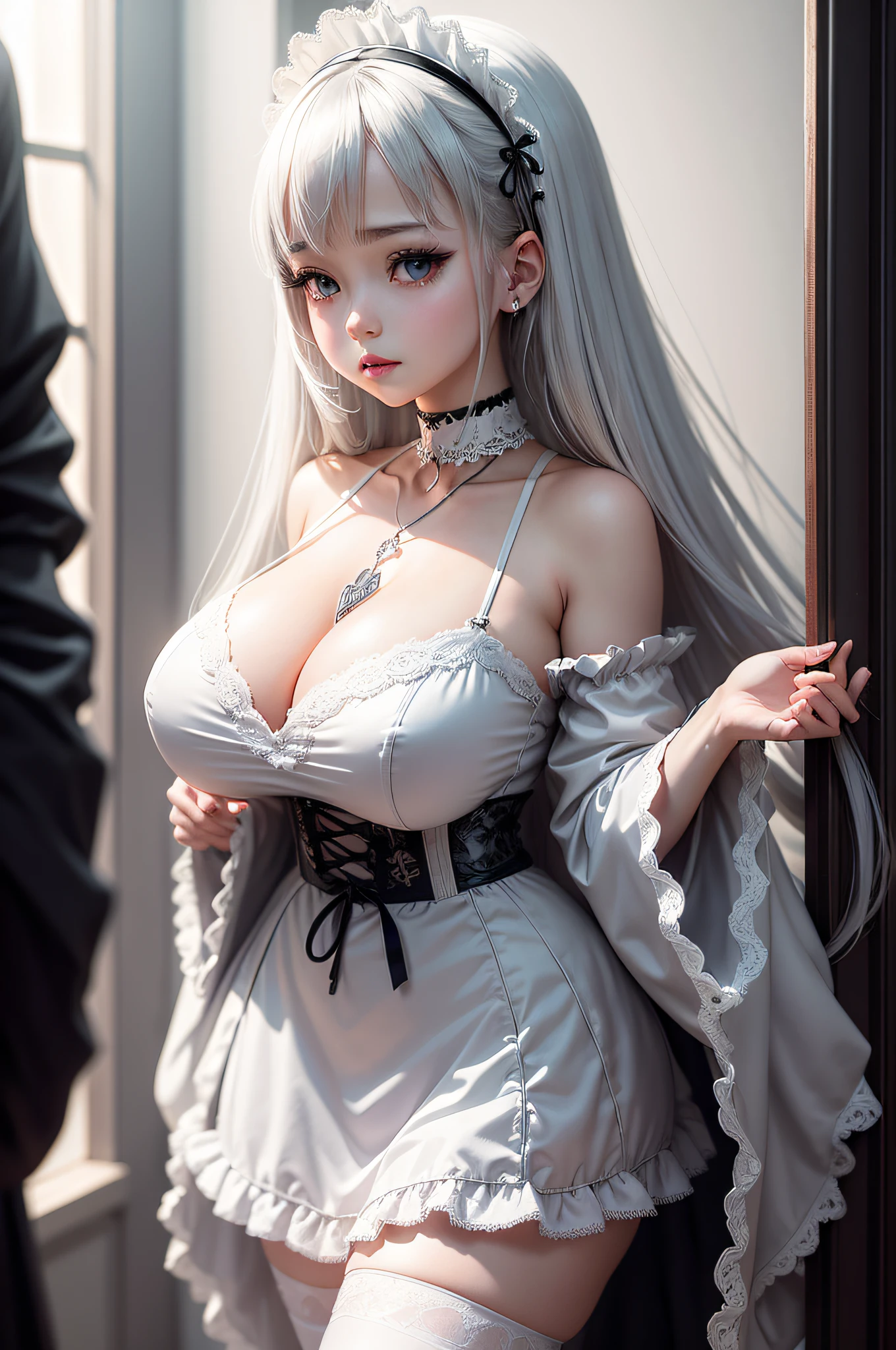 a pretty cute girl, huge breasts, long leg, Gothic Lolita design with white lace details, silver choker and pendant. Colors white, silver, cinematic shot, divine cinematic edge lighting, japanese anime style