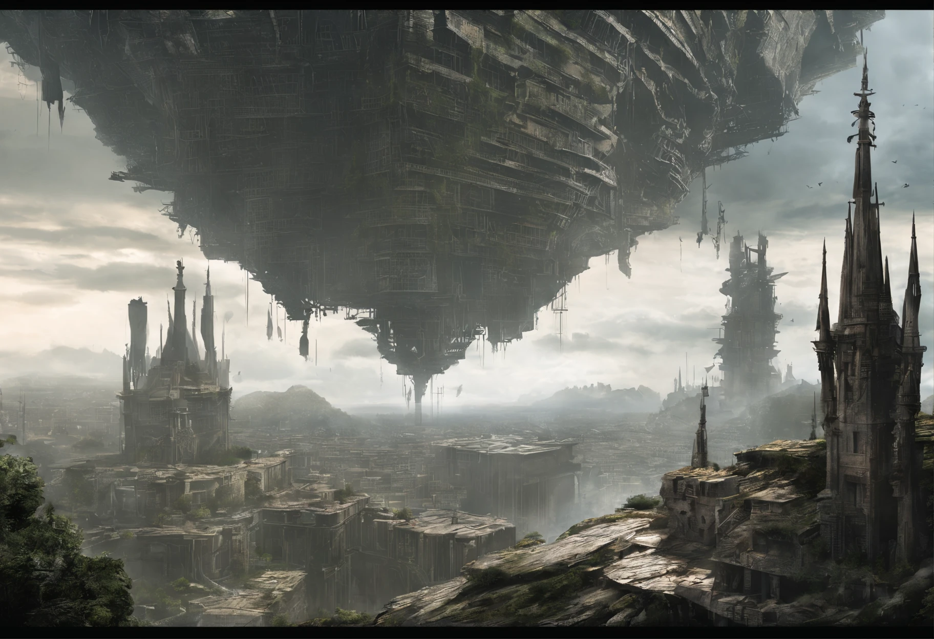 floating island, Decaying ruined cities and land in the sky, where once a prosperous city was formed, but the buildings made of stone and wood have decayed and are dominated by the life force of plants and trees. Collapsed and collapsed buildings, Collapsed roof, Ancient ruins, uninhabited, a paradise for birds, Artificial fountains, overhead view from a distance, angles from the sky, fantasy worlds,