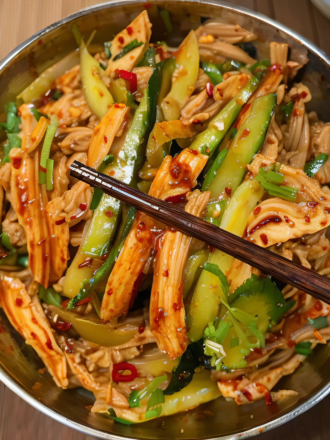 Close-up of a bowl of food，There are chopsticks inside, ❤🔥🍄🌪, sichuan, delicacy, Chinese, inspired by Choi Buk, Yum, Ancient sword, korean supper, wok, inspired by Luo Mu, shaxi, Chinese traditional, inspired by Liu Haisu, inspired by Wang Mian, suki, stunning images, inspired by Zhou Chen