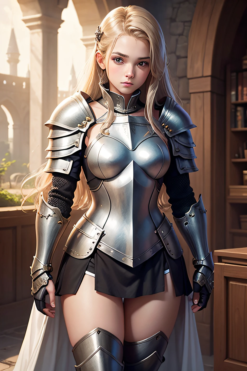 blonde woman, twenty eight years old, blue eyes, wearing battle armor, beautiful, holding a katana with her two hands, big tits, serious face, strong body