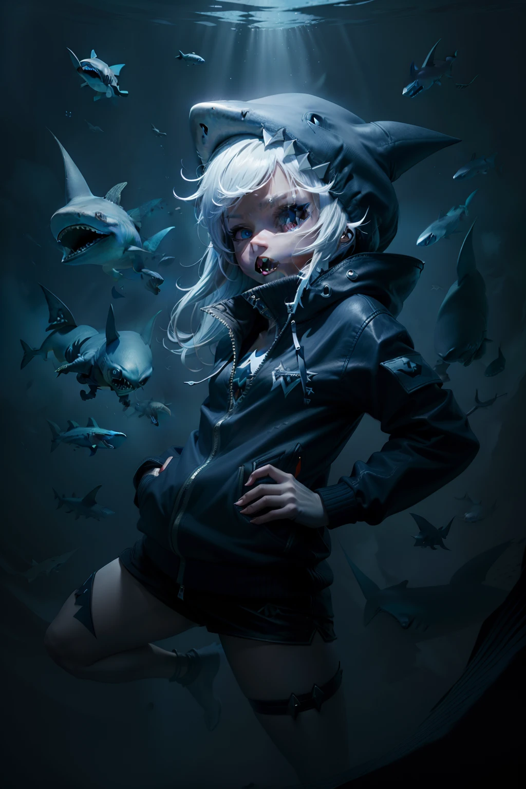 Chibi girl, sharp teeth, cool position, Complete broker, darkblue cool jacket, Mega Mini, ninjartist, Shark hat, Shark tail, Shark costume, Hairstyle Bob, A white-haired, underwater