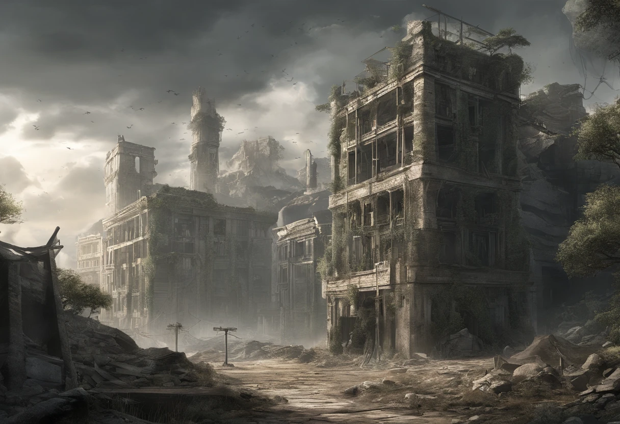 floating Decaying ruined cities and land in the sky, where once a prosperous city was formed, but the buildings made of stone and wood have decayed and are dominated by the life force of plants and trees. Collapsed and collapsed buildings, Collapsed roof, Ancient ruins, uninhabited, a paradise for birds, Artificial fountains, overhead view from a distance, angles from the sky, fantasy worlds,