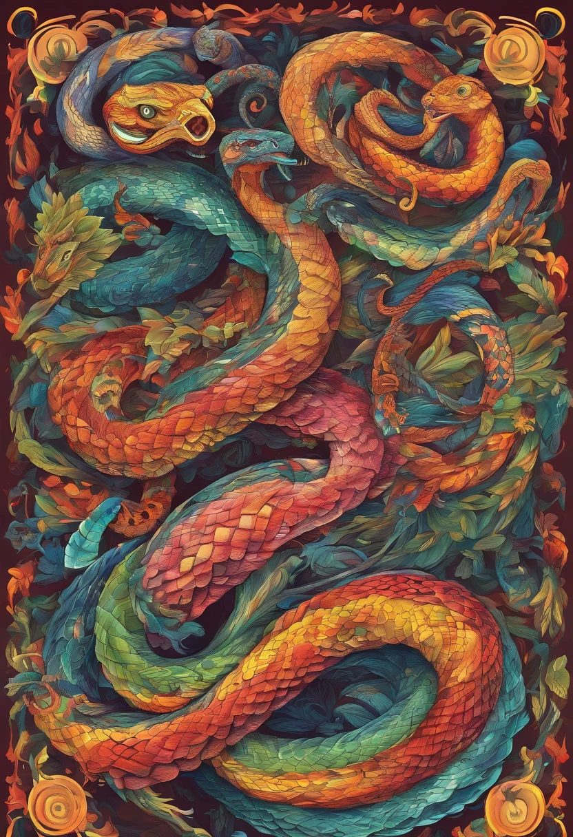 3d watercolor abstract、hight resolution、Eight Serpents、big snake、8cap、vhorrified、Dark colors、Big snake、Eight tails