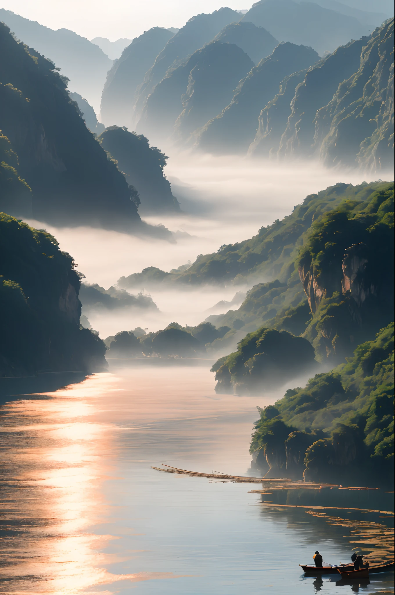 Imagine a serene scene at Guilin, China, as the golden light of dawn gently caresses the landscape. In the foreground, a skilled fisherman stands on a bamboo raft, casting his net into the tranquil Li River. The fisherman, dressed in worn-out clothing, exudes a sense of quiet determination as he goes about his daily routine.

The fisherman's weathered face, reflecting years of dedication and wisdom, shows a deep connection with the river and its inhabitants. His rough, calloused hands expertly guide the ancient fishing technique, weaving a delicate dance between man and nature.

The surrounding landscape paints a breathtaking backdrop. Towering limestone karsts, adorned with lush greenery, rise majestically from the shimmering waters. These jagged cliffs create a natural amphitheater, amplifying the ethereal beauty of the scene. Wisps of mist elegantly dance around the limestone peaks, accentuating the mysterious atmosphere.

The river, a gentle mirror, reflects the vibrant colors of the sky above, adding an enchanting touch to the composition. The water's surface is adorned with water lilies and lotus flowers, their delicate petals adding splashes of vibrant pinks and purples. The river's current is calm, barely making a ripple, allowing the light to bounce off its surface and create a mesmerizing shimmer.

As the morning sun continues to rise, the sky above transforms into a palette of warm hues—soft oranges, delicate pinks, and hints of subtle blues. The rising mist, tinged with rose-gold, shrouds the scene with an otherworldly aura, enhancing the mystical charm of the landscape.

To complete the composition, birds gently glide through the air, their graceful flight patterns adding a touch of movement to the otherwise tranquil scenery. Their distant calls blend harmoniously with the soothing sounds of water gently lapping against the bamboo raft, creating a symphony of nature's melody.