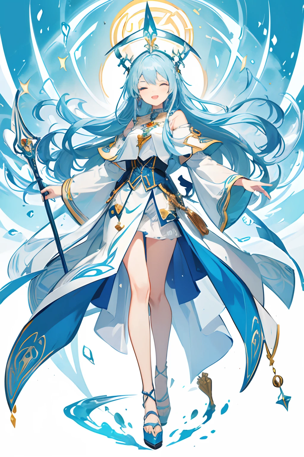 (Mouthpiece, top quality, illustration, very high quality, very fine writing), full body, vibrant, no background, one person, high priest,
Heel, Spiritual, Female, Light Blue, Wand, One Eye Closed Smiling, Open Mouth, Restorative Magic