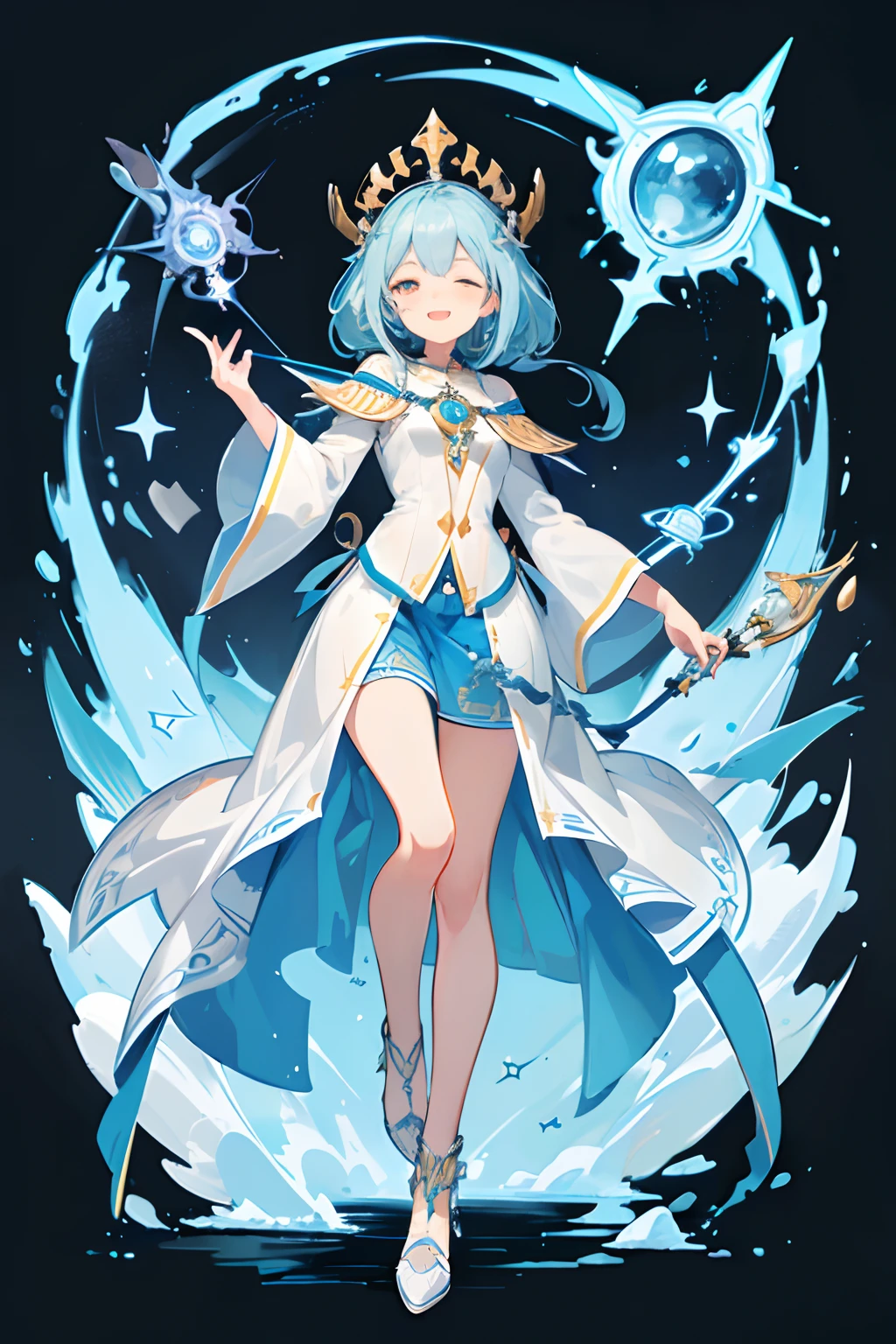(Mouthpiece, top quality, illustration, very high quality, very fine writing), full body, vibrant, no background, one person, high priest,
Heel, Spiritual, Female, Light Blue, Wand, One Eye Closed Smiling, Open Mouth, Restorative Magic