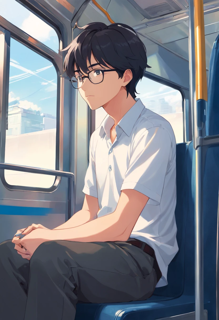 Man with black hair, wears glasses, Sitting on the bus, facing the front there, in a white shirt，CharacterDesignSheet, diferentes poses, Different angles, with a simple background