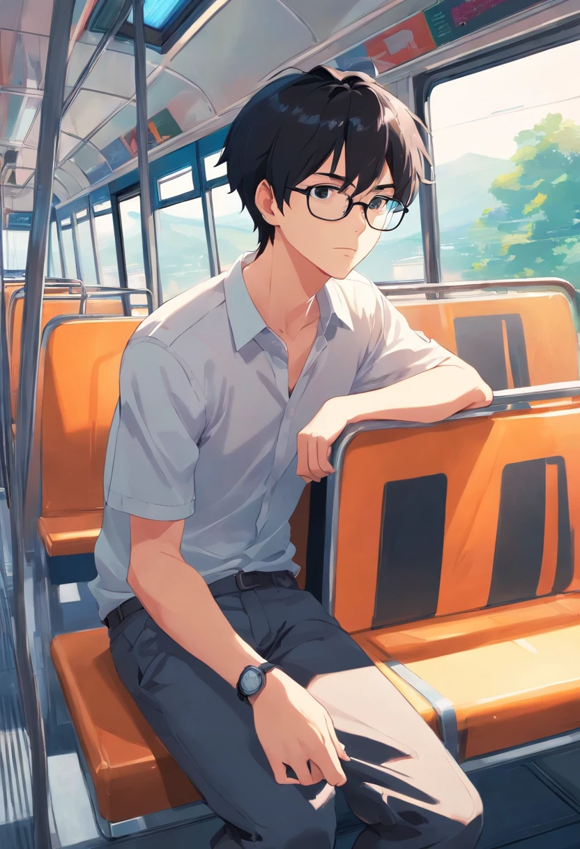 Man with black hair, wears glasses, Sitting on the bus, facing the front there, in a white shirt,CharacterDesignSheet, diferentes poses, Different angles, with a simple background
