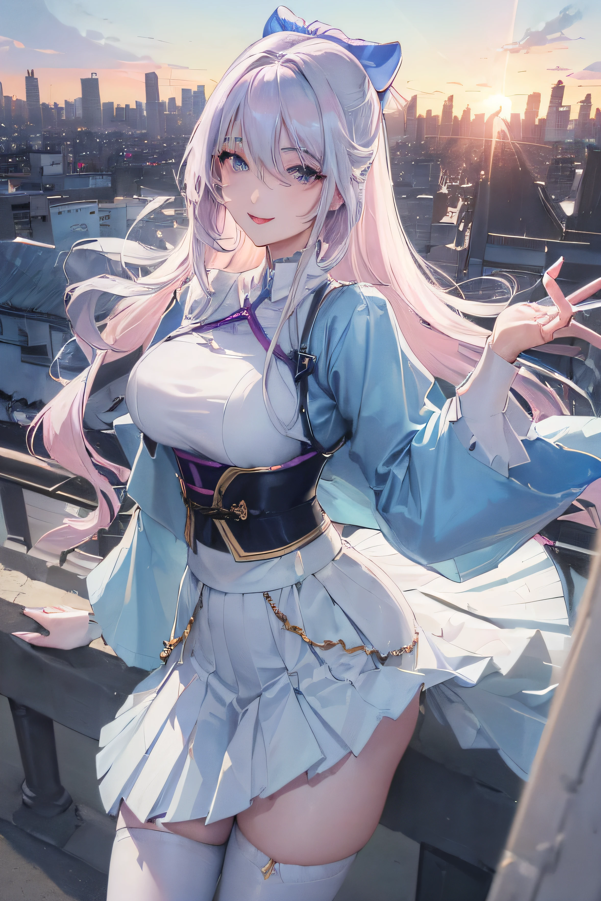 official art, masterpiece, sharp focus, (beautiful gorgeous cute Korean woman:1.3), (beautiful cute korean:1.3), korean beauty, Delicate and beautiful hair and eyes and face, realistic, ultra detailed, beautiful girl, blue sky, glow white particle, (sidelighting:1.2), sun light, white cloud, detailed clouds, slender, Lovely very large breasts and very large hips, smile with teeth, ((smile with eyes, open both eyes)), scenery, long straight hair, sexy facial expression, building, (cityscape:1.7), dynamic hair, long straight hair, detailed platinum pink hair, glow blue eyes, (blue pleated shirts + white skirt), white long socks, pale skin, hair ornament, epic scenery,