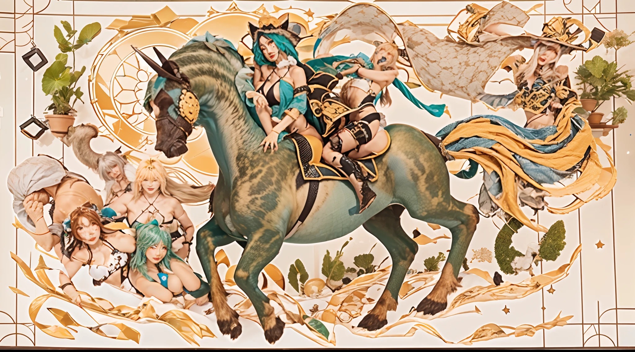 In the beautiful illustration of this super-grand scene,The ultra-distant lens shows us(Over eight unique centaur characters:9.9),(Traveling through the stars:9.9),They all have their own characteristics,Vivid and interesting。Radiant from the heavens(angelicales:6.6)Like centaurs、To nightmarish is(Surrounded by flames:6.6)of the hellish centaurs、And then to the wind dancing in the air(fairy:6.6)centaur horse、And thunder and lightning surrounding(Unicorn:6.6)centaur horse,and shining metallic ones(Machinary:6.6)centaur horse、And then to color(Dragon scales covered:6.6)The strength of the whole body is a powerful dragon centaur、Elegant and agile(the elf:6.6)The centaur's slender and graceful lines always wear a flower crown、Enchanting and charming(Tiflin:6.6)centaur horse、Have the indescribable(Raised sexy:6.6)'s(succubi:6.6)centaur horse。Each character has their own unique charms and abilities。The illustration uses advanced artistic techniques and tools,(Divide the scene into sections by geometric arrangement:9.9),Each section corresponds to a centaur character,This makes more efficient use of space。Through Midjourney's advanced brush tools、Color palette、Material packs and model packs、Texture tools,For each centaur, beautiful props are designed to increase racial characteristics、Clothing and physical features,(Enhances the character's personality and visual appeal:2.5)。The scenery in the illustrations is stunning,There are changing skies、rainbowing、extreme light、Stars and Moon。Incorporating iconic landmarks such as Mount Everest,and fireworks、tranquil lake、Natural and urban elements of waves and neon lights,Creates a magical atmosphere。The centaurs display their unique abilities and equipment in a variety of environments,This is true even in extreme alien landscapes。(Use Midjourney's tools、Material packs、Texture tools、The color palette makes depicting details vivid and realistic:9.9),From complex hairstyles and as well as different racial traits、Body、Appearance featu