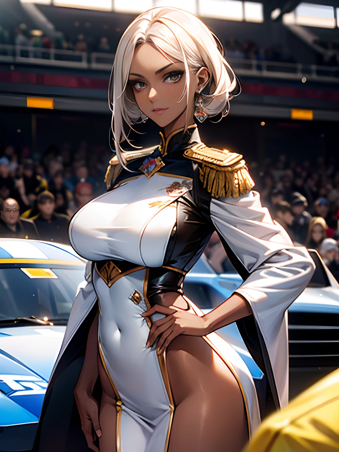 Unreal Engine 5 Realistic Rendering, cosplayer, Random Posing, Race Queen、Uniform with logo、 Exquisite beauty、Beautiful face, Body shape of slim model, Colossal tits, shiny, wet shiny body, short white hair, (((Dark brown skin beauty))), neons、Large crowds、audience、Forming an emperor、Drag racing、Midsommar Racing Circuit、racing car、Lower grade、Large crowds、Spectators、