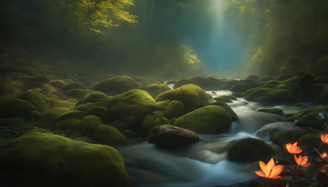 「Fantasia」on the theme of、Forests and rivers with a bright atmosphere、Represent the little animals in a fantastic and dreamlike atmosphere。