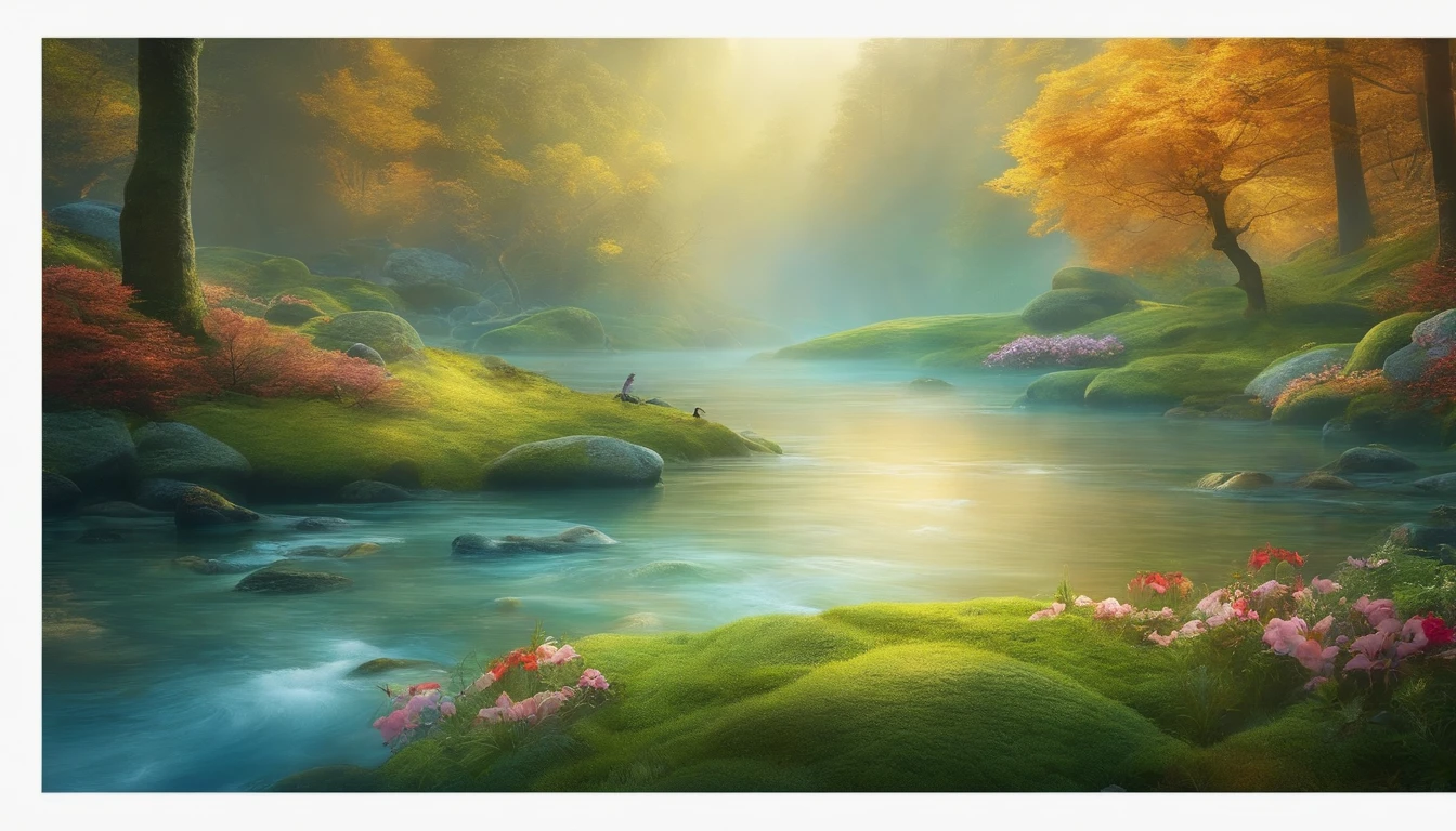 「Fantasia」on the theme of、Forests and rivers with a bright atmosphere、Represent the little animals in a fantastic and dreamlike atmosphere。
