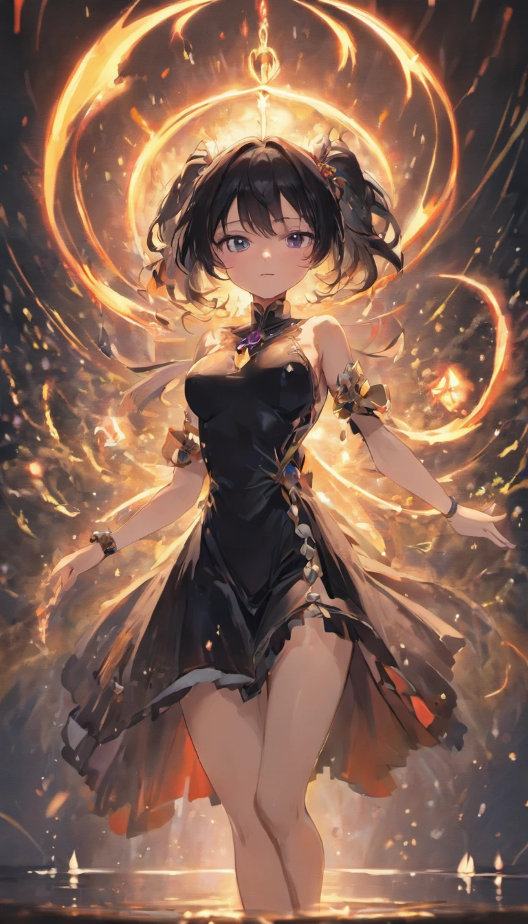 ((tmasterpiece,4k wallpaper,best qualtiy)), One Anime girls, Black Dress, Black hair, Long hair, Busty body, Smooth thighs, full-body view, Seduction expression、Spell casting