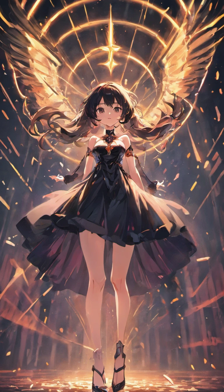((tmasterpiece,4k wallpaper,best qualtiy)), One Anime girls, Black Dress, Black hair, Long hair, Busty body, Smooth thighs, full-body view, Seduction expression、Spell casting