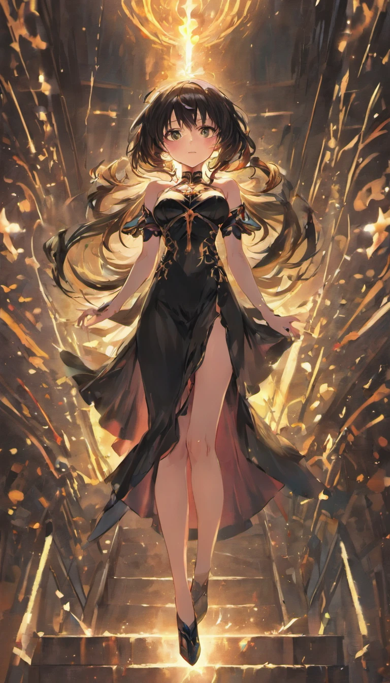 ((tmasterpiece，4k wallpaper，best qualtiy)), One Anime girls, Black Dress, Black hair, Long hair, Busty body, Smooth thighs, full-body view, Seduction expression、Spell casting
