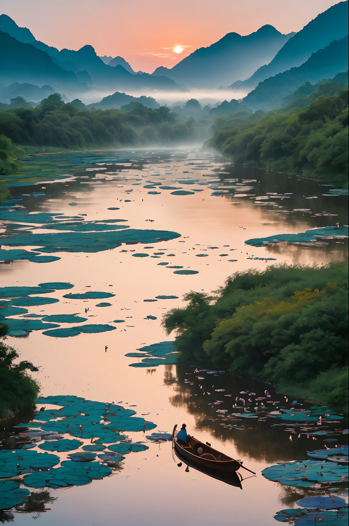 Painting of a boat on a river with a mountain in the background - SeaArt AI