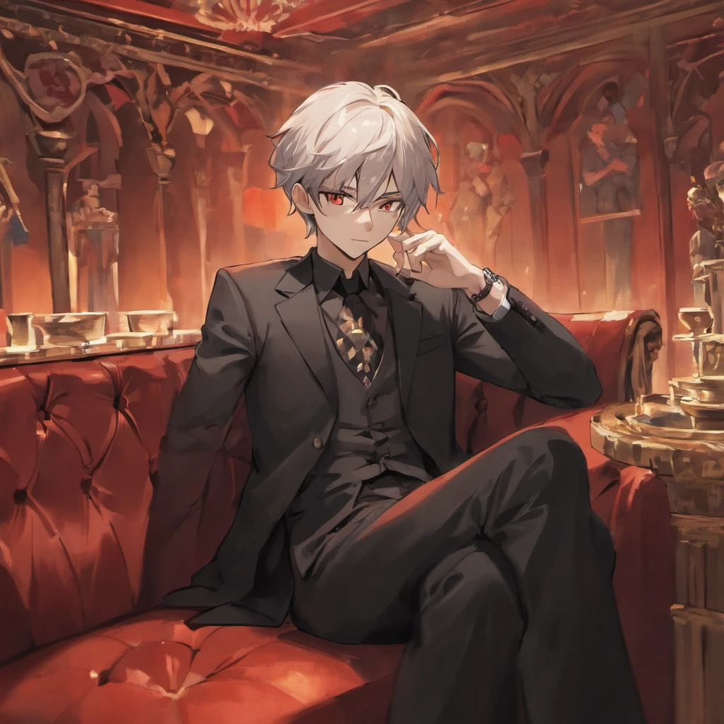 (mastery, High-quality image, Vintage style, detailing, Unique character),Kefka Palazzo,The Don of the Mafia, With a glass in hand, the anime, Red gamma,Black & White Style,candle lights,Shadow Comic, night city background.