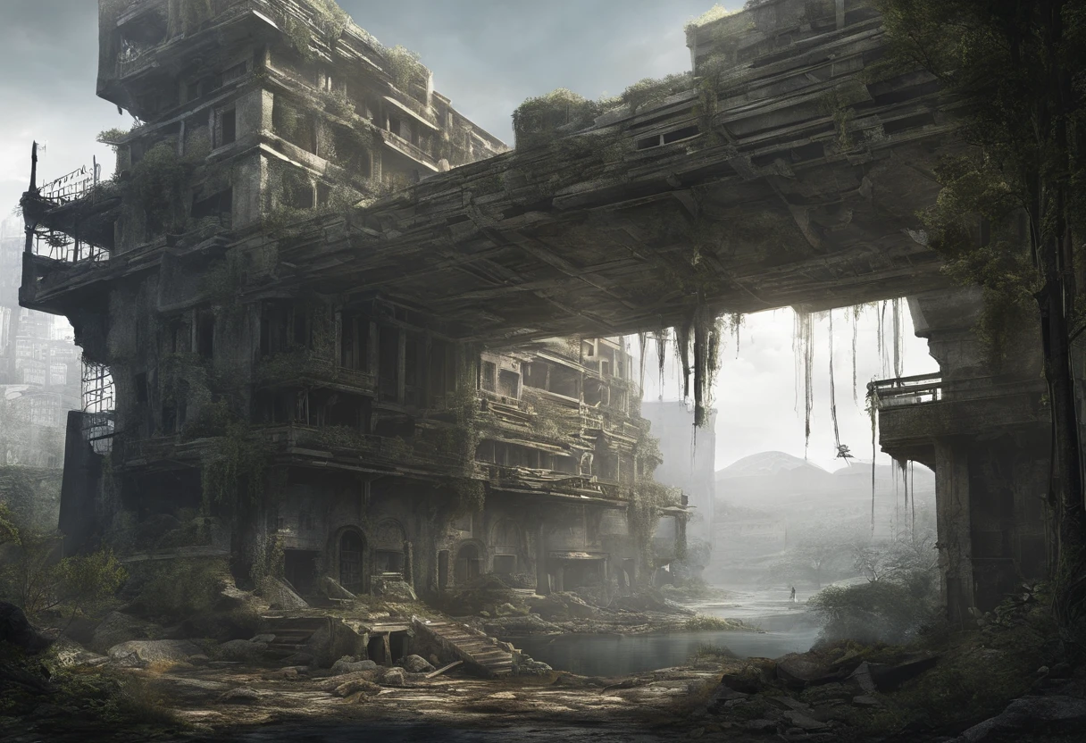 floating Decaying ruined cities and land in the sky, where once a prosperous city was formed, but the buildings made of stone and wood have decayed and are dominated by the life force of plants and trees. Collapsed and collapsed buildings, Collapsed roof, Ancient ruins, uninhabited, a paradise for birds, Artificial fountains, overhead view from a distance:2, angles from the sky:1.7, fantasy worlds,
