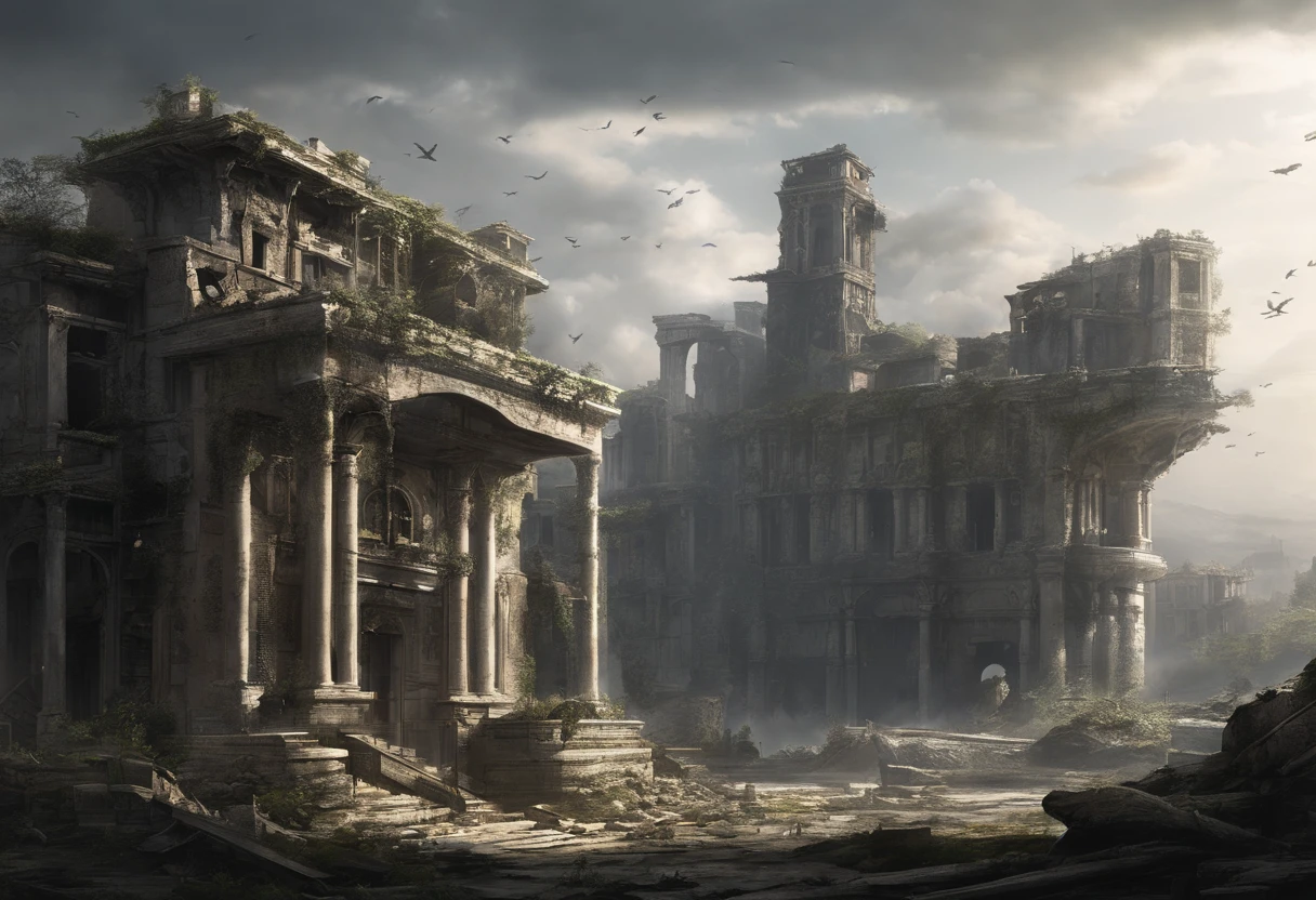 floating Decaying ruined cities and land in the sky, where once a prosperous city was formed, but the buildings made of stone and wood have decayed and are dominated by the life force of plants and trees. Collapsed and collapsed buildings, Collapsed roof, Ancient ruins, uninhabited, a paradise for birds, Artificial fountains, overhead view from a distance:2, angles from the sky:1.7, fantasy worlds,