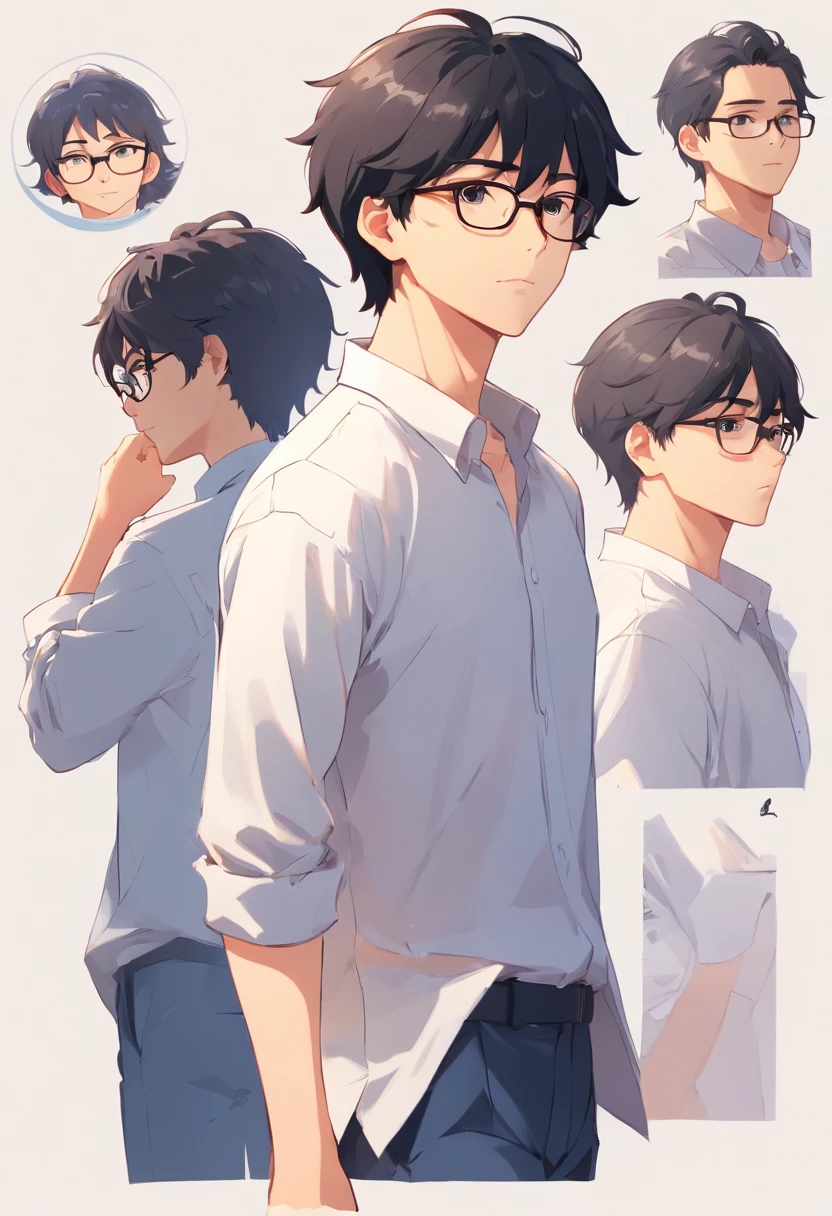 Man with black hair, wears glasses, , CharacterDesignSheet, diferentes poses, Different angles,facing the front there, in a white shirt，CharacterDesignSheet, diferentes poses, Different angles, with a simple background