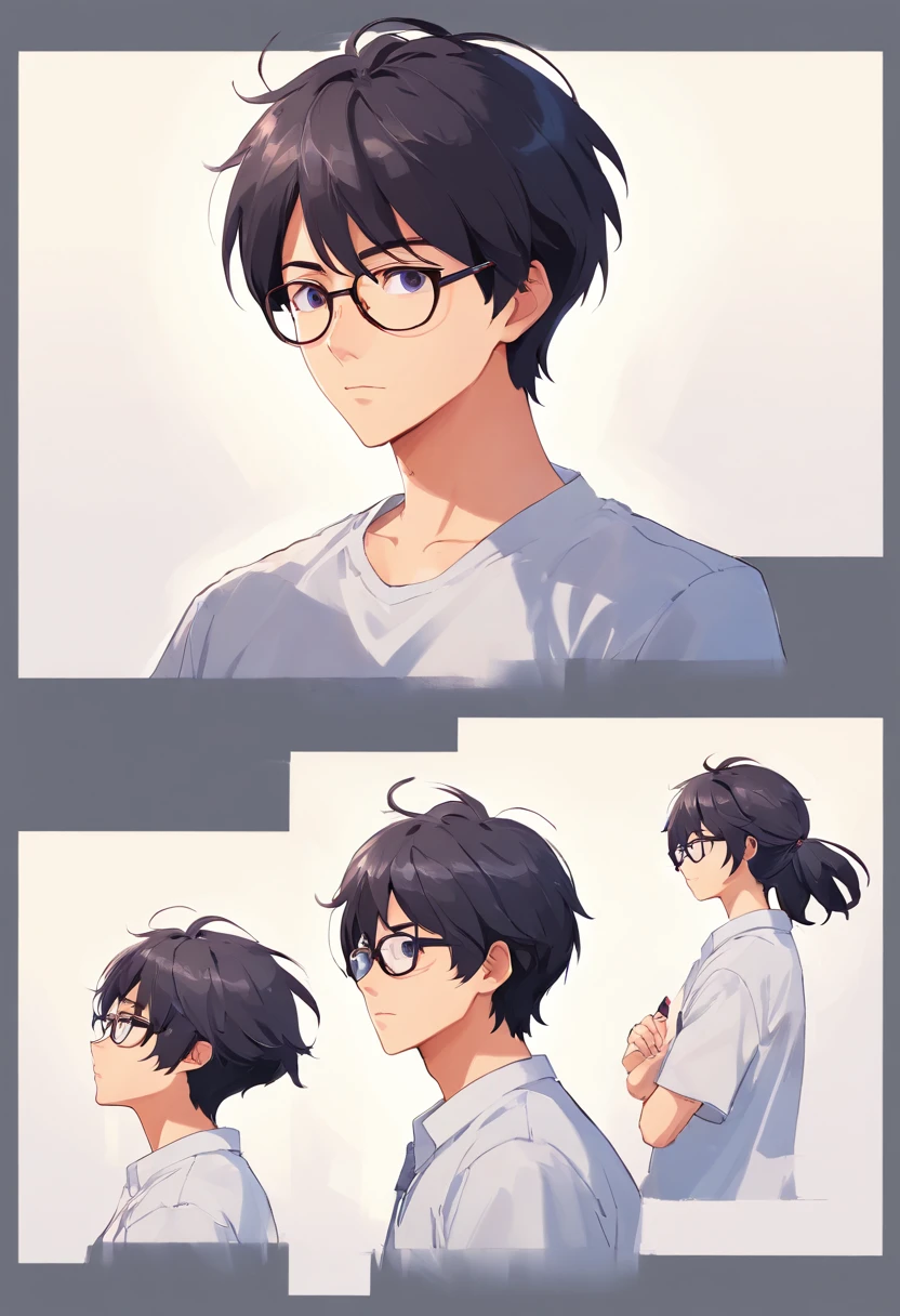Man with black hair, wears glasses, , CharacterDesignSheet, diferentes poses, Different angles,facing the front there, in a white shirt,CharacterDesignSheet, diferentes poses, Different angles, with a simple background