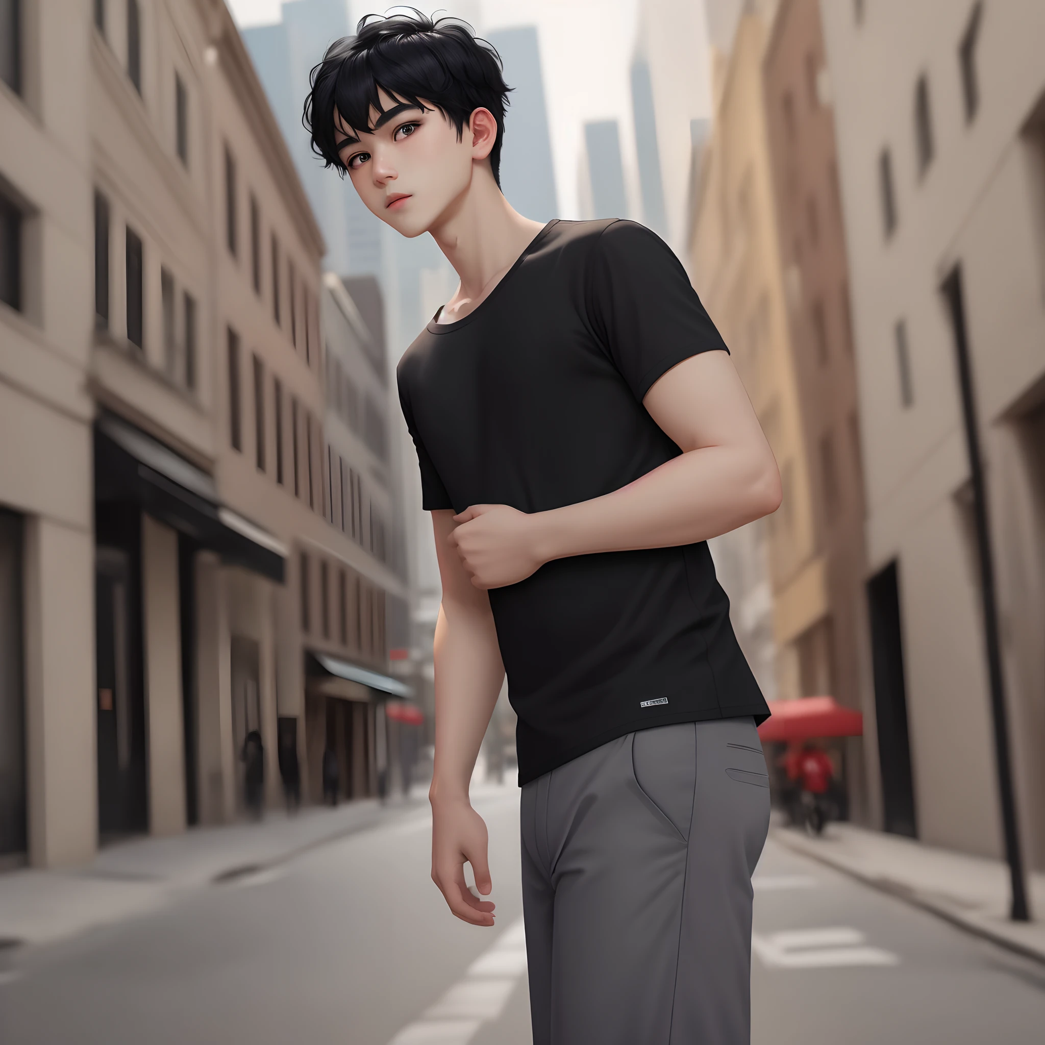 1boy, black hair,black eyes, wearing plain black shirt, gray pants, City, high res, ultrasharp,8k masterpiece, looking at side way