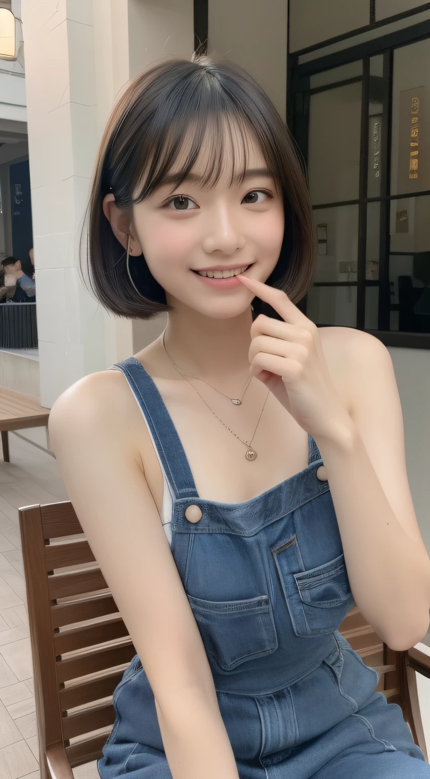 (8K、Raw photography、top-quality、masuter piece:1.2)、ultra-detailliert、ultra res、(rialistic photo:1.5)、portlate、high-definition RAW color photography、highly detailed and beautiful、Detailed beautiful girl、extra detailed face、extremely detailed eye、highlydetailed skin、extremely detailed fingers、highly detailed nose、highly detail mouth、细致背景、Detailed clothing、女の子1人、in her 20s、Cute little girl s、Realistic body、(A slight smile:1.2)、((E Cup Milk))、(((小柄)))、de pele branca、glistning skin、Slim body、Black-haired、(short-hair:1.2)、(bangss: 1.2)、kawaii、zora々Right、kawaii faces、Lifelike face、Delicate body、Sauce order、thighs thighs thighs thighs、(Detailed Cafe)、(Enjoys coffee)、(Stylish dress)、Looking at the camera、(Sitting on a chair)、Terrace seating、((sexy pose))、see -through、a necklace、耳Nipple Ring、Looking at the camera、动态照明