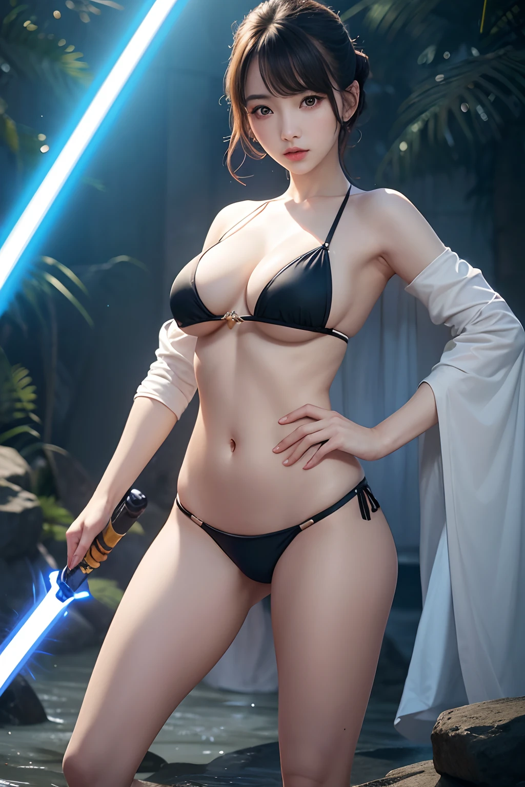 araffe star wars sexy woman with lightsabed sword in a bikini, amouranth, skywalker, better known as amouranth, female jedi, with lightsaber sword, amouranth as a super villain, holding lightsaber 4 k, with light-saber, star wars character, holding a lightsabre. splash art, rey, korean girl, beautiful young korean woman, korean woman, heonhwa choe , big breast, show breast, light yellow hair
