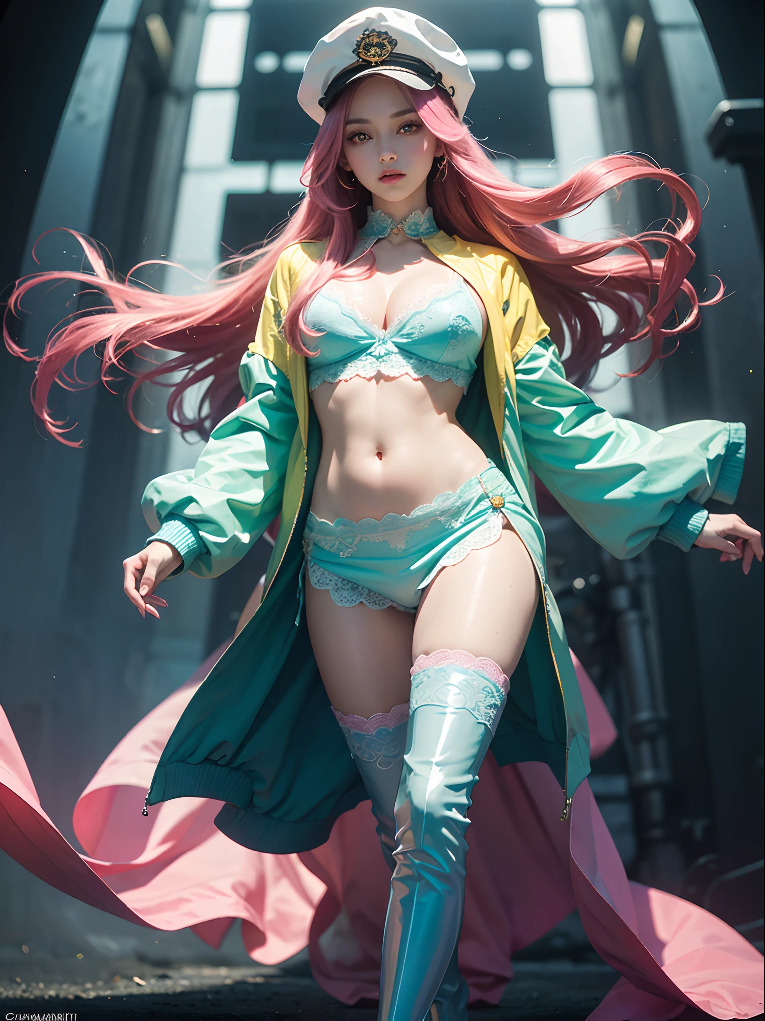 Unbeatable masterpiece, Ultra photo realsisim, Perfect artwork, Intricate details, Best quality, Strong light , High contrast, Dynamic pose, Dutch angle , 1girll , ((Yellow and cyan gradient caps)) , ((Pink Long Hair)) , ((yellow-eyed)) , (Starry eyes) , ((Cyan blue gradient long-sleeved jacket)) , Belly button, (White lace detail) , [[(Blue: 0.3) , (Cyan:0.6) , (Gradient) , (slit) , (Kirito half-stone) | ((Bright edges))]] , (Black knee-length stockings)((Sheer shiny boots)) , [Laldgar revolver]} , (full bodyesbian) , 8k wallpaper unit , Ultra detailed , Beautiful , Beautiful and beautiful , Masterpiece , Best quality , Extremely detailed , The most beautiful forms of chaos , elegant , Visual color ,