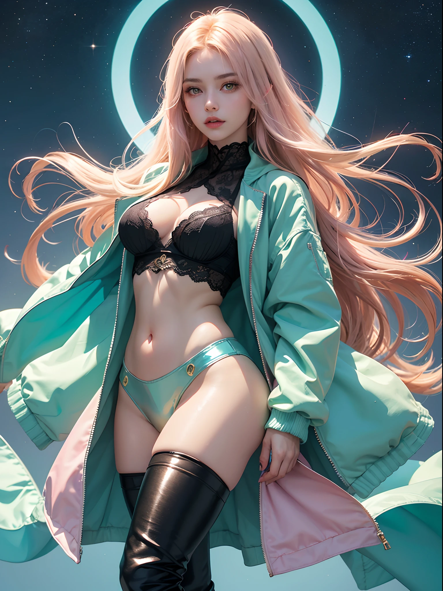 Unbeatable masterpiece, Ultra photo realsisim, Perfect artwork, Intricate details, Best quality, Strong light , High contrast, Dynamic pose, Dutch angle , 1girll , ((Yellow and cyan gradient caps)) , ((Pink Long Hair)) , ((yellow-eyed)) , (Starry eyes) , ((Cyan blue gradient long-sleeved jacket)) , Belly button, (White lace detail) , [[(Blue: 0.3) , (Cyan:0.6) , (Gradient) , (slit) , (Kirito half-stone) | ((Bright edges))]] , (Black knee-length stockings)((Sheer shiny boots)) , [Laldgar revolver]} , (full bodyesbian) , 8k wallpaper unit , Ultra detailed , Beautiful , Beautiful and beautiful , Masterpiece , Best quality , Extremely detailed , The most beautiful forms of chaos , elegant , Visual color ,