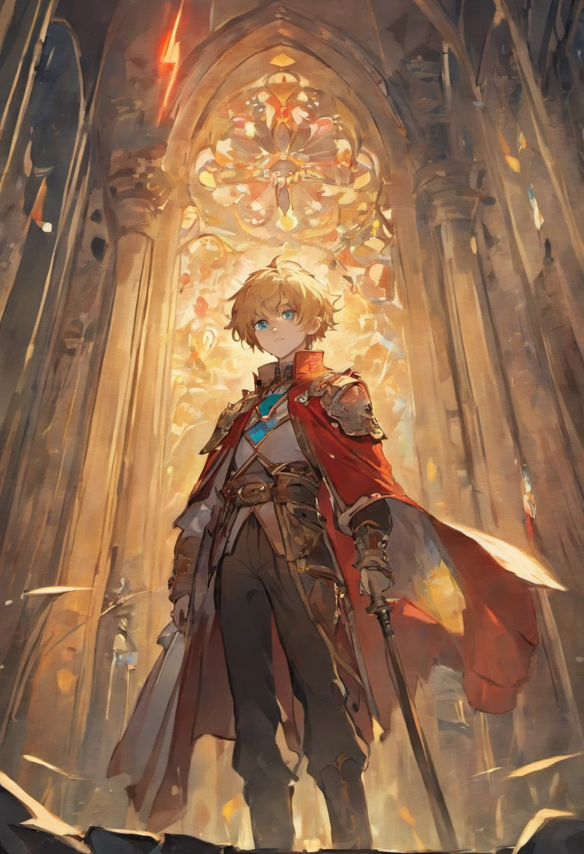 Mucha, front, portrait, boy with blond medium long hair, outdoors, backlight, soft light, medieval, France, holding red flag, looking up, red, blue, white, trousers