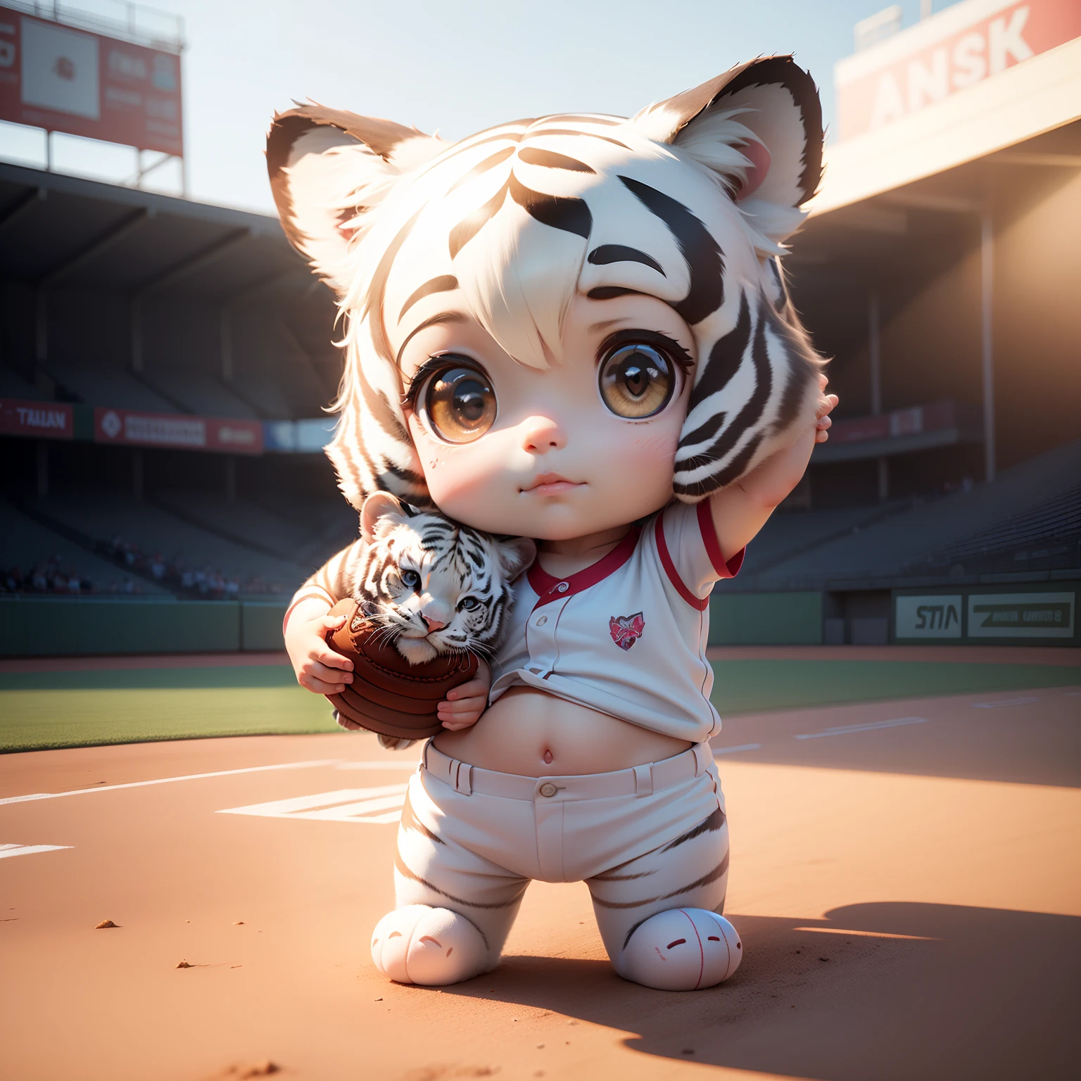 (Best Quality), (masutepiece), Charming chibi animation of cute babies, Holding a baby white tiger,(Chibi 3D): 1.3, (A detailed face:1.2), (Standing posture:1.1), Background of the baseball stadium,Jumping