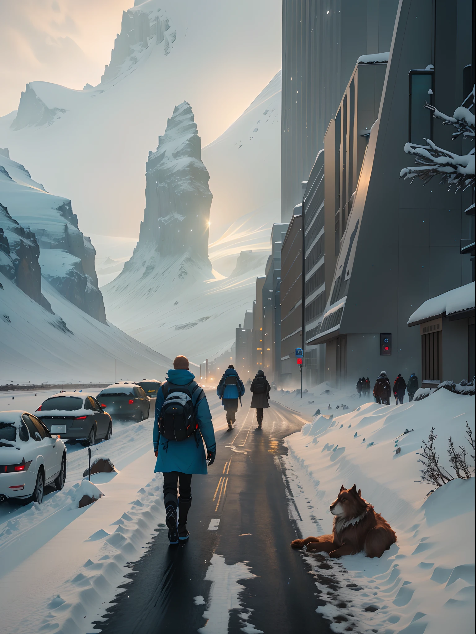 People walk on the snowy road in front of tall buildings, sci-fi of iceland landscape, epic cinematic matte painting, inspired by jessica rossier, jessica rossier fantasy art, by jessica rossier, 8k matte painting, 8 k matte painting, sci - fi film still, bastien grivet, from a 2 0 1 9 sci fi 8 k movie