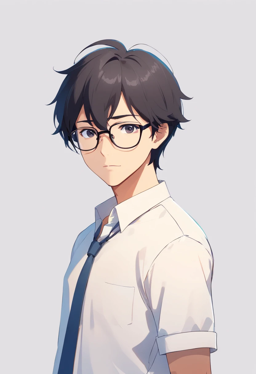 Man with black hair, wears glasses, , CharacterDesignSheet, diferentes poses, Different angles, in a white shirt，CharacterDesignSheet, diferentes poses, Different angles, with a simple background